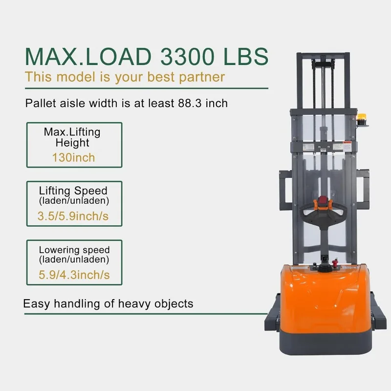 Electric Pallet Stacker | 3300 lb Capacity | 130 Max Lift | Straddle Leg Design - Thumbnail 4