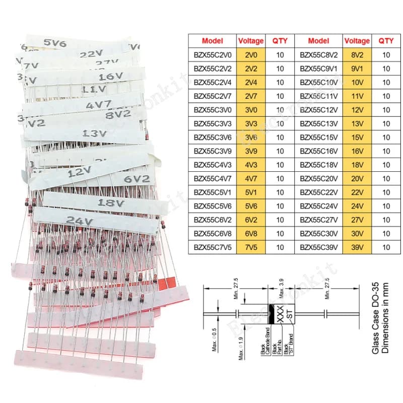 Diode Assortment Kit | Fast-Switching Schottky & Zener Diodes | 1N4007, 1N4148, 1N5819 - Thumbnail 3