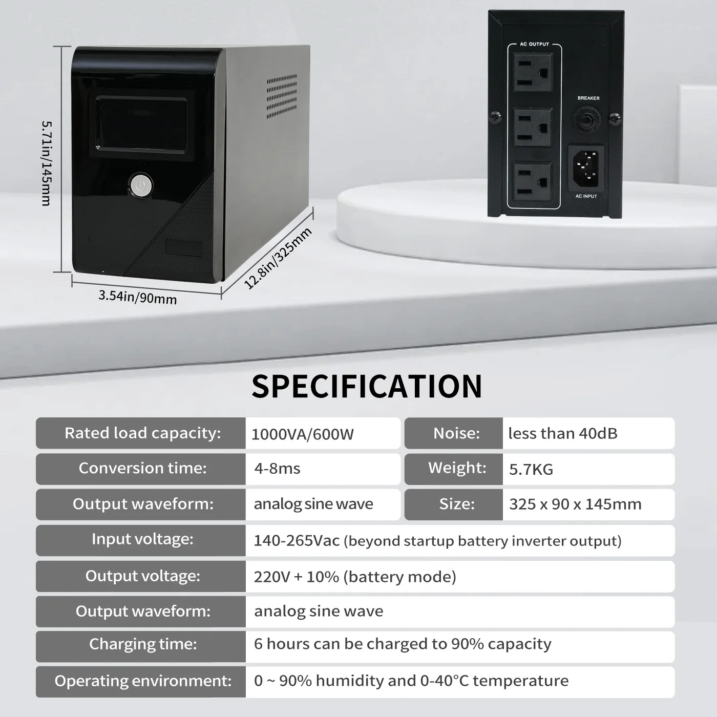 1000VA/600W 120V UPS Power Supply Battery Standby Power with 3 Outlets and LCD Display Surge Protector for Home and Office - Thumbnail 3
