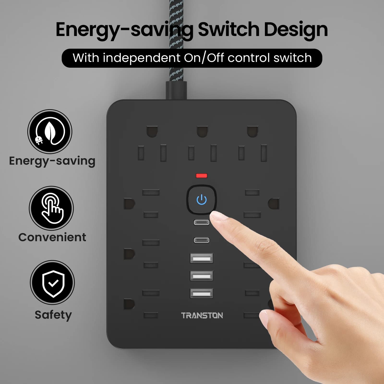 TRANSTON   power strip surge protector with 9 Ac Outlets,3 USB & 2 USB-C,5ft Cable,Weaving thread,45° tilt plug,Black - Thumbnail 3