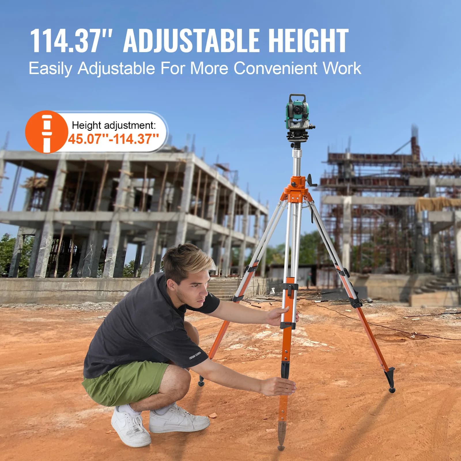 Heavy-Duty Survey Tripod | Thread Mount Height Adjustment | Integrated Level Bubble & Diffusion Limiter - Thumbnail 3