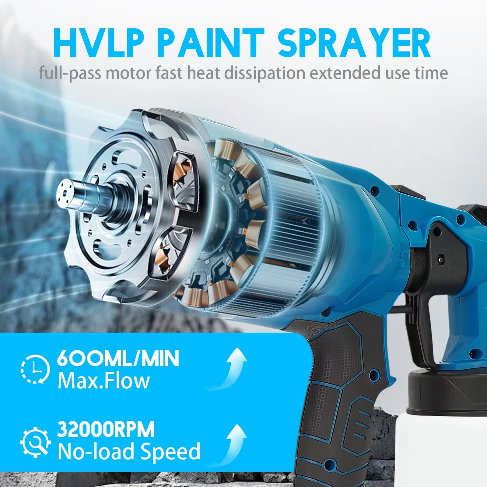 800ML Cordless HVLP Paint Sprayer | 21V High Pressure & 30000rpm | Includes 2x2000mAh Batteries - Thumbnail 3