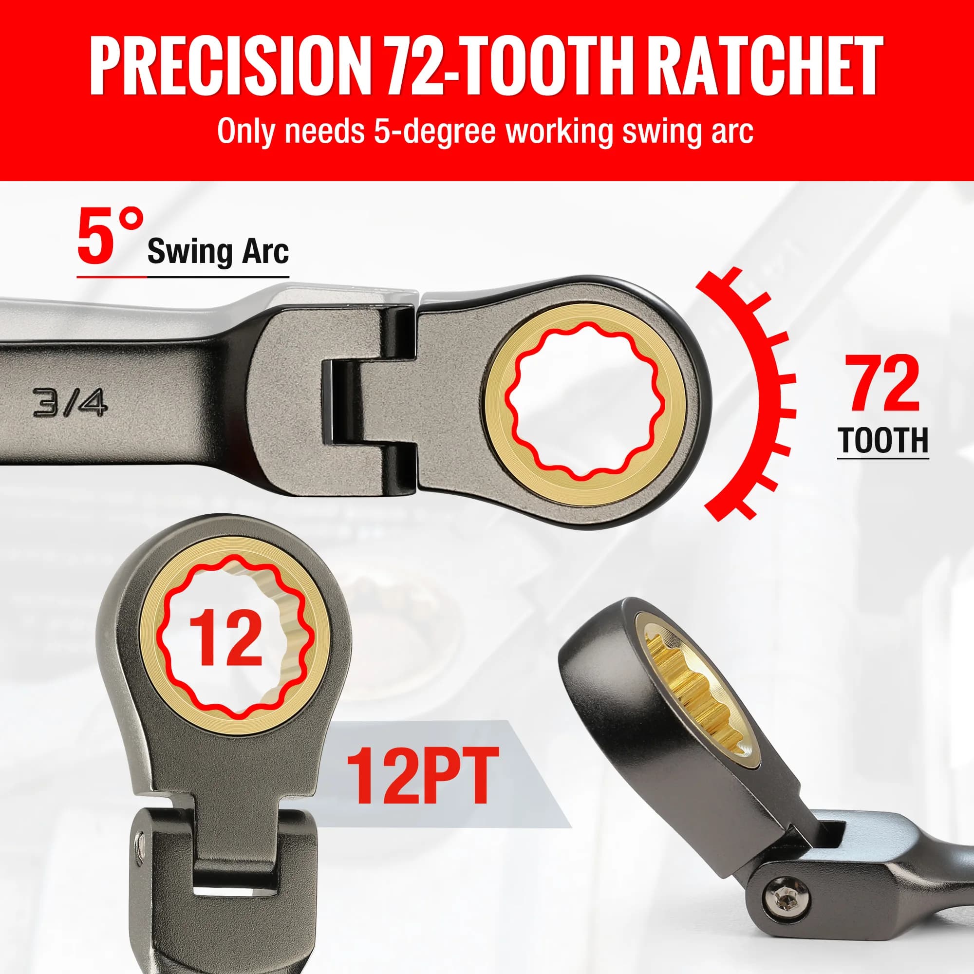 Flex-Head Ratcheting Wrench Set | 8-Piece SAE (5/16-3/4) | 72-Tooth Precision | CR-V Steel - Thumbnail 4