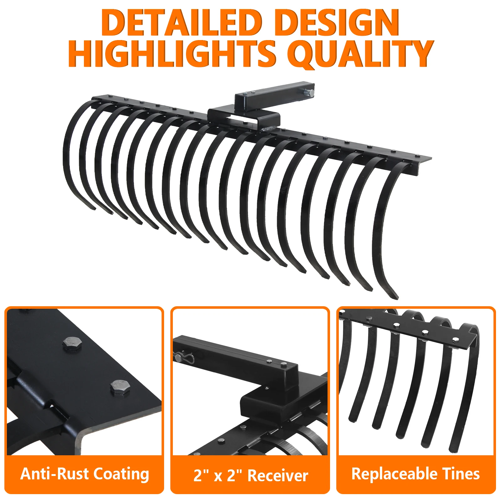 49-Inch Tractor Rake | 18-Tooth Rust-Proof Scarifier | Easy Install for Lawn Tractors & UTVs - Thumbnail 4