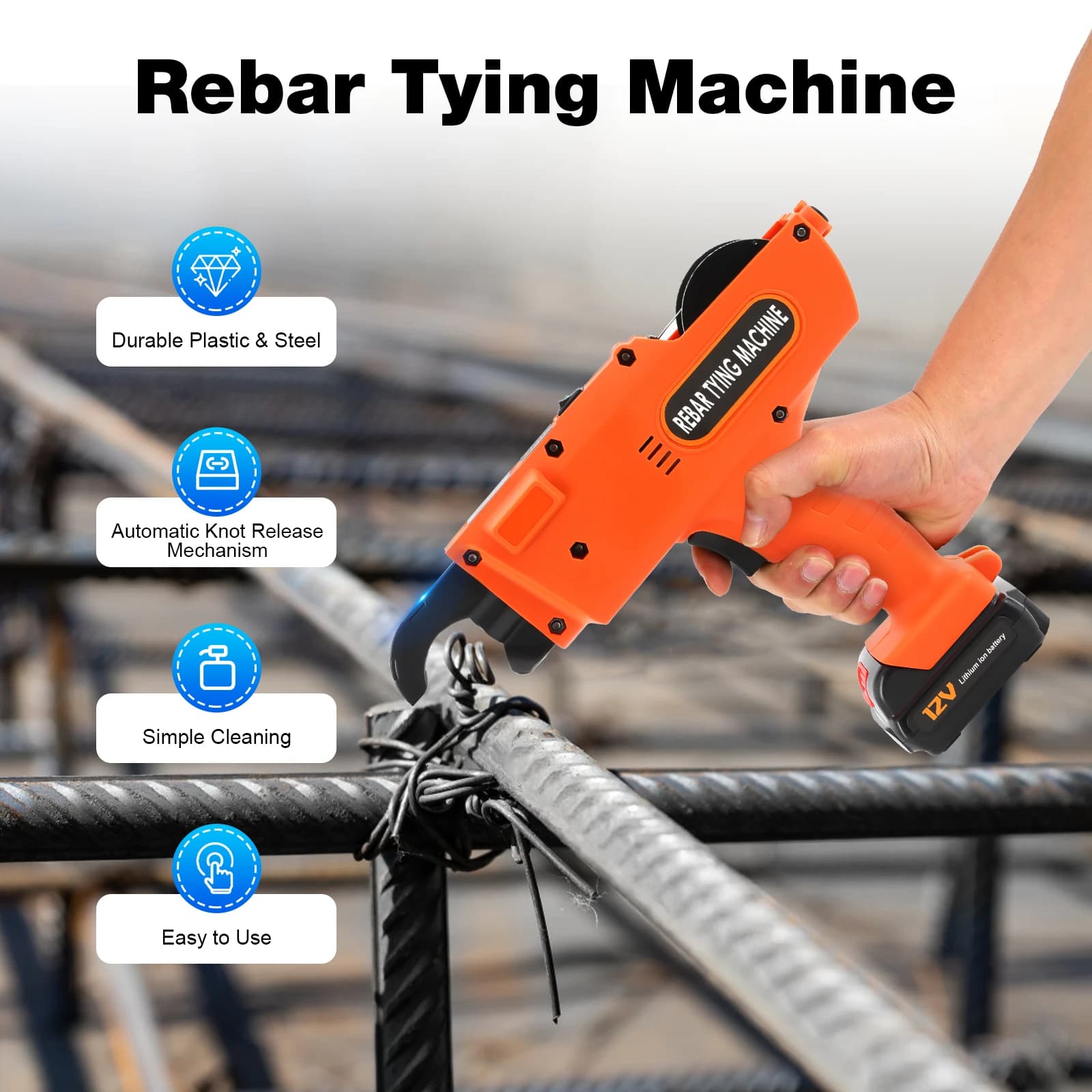 Cordless Rebar Tying Tool | 12V 4500mAh | Handheld Automatic Wire Tier for 8-34mm Rebar - Thumbnail 6