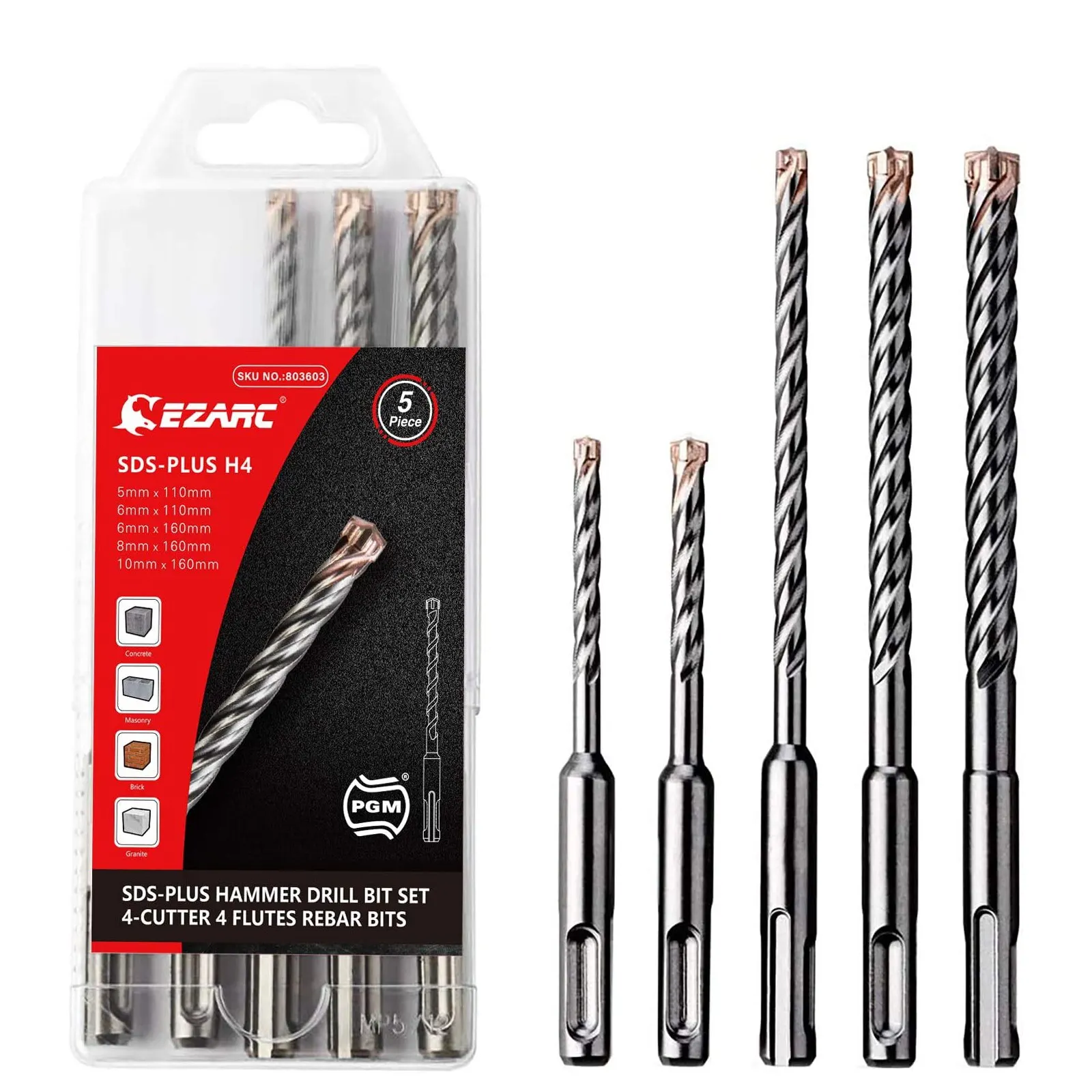 SDS-Plus Hammer Drill Bit Set | 5-Piece Carbide-Tipped for Concrete & Masonry - Thumbnail 2
