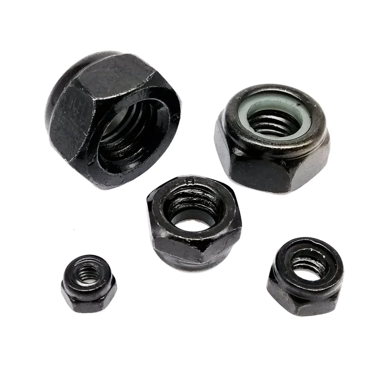 Assortment kit of 200 black carbon steel hexagon nylon insert locknuts, sizes M2 to M8, self-locking nylock nuts per DIN985.