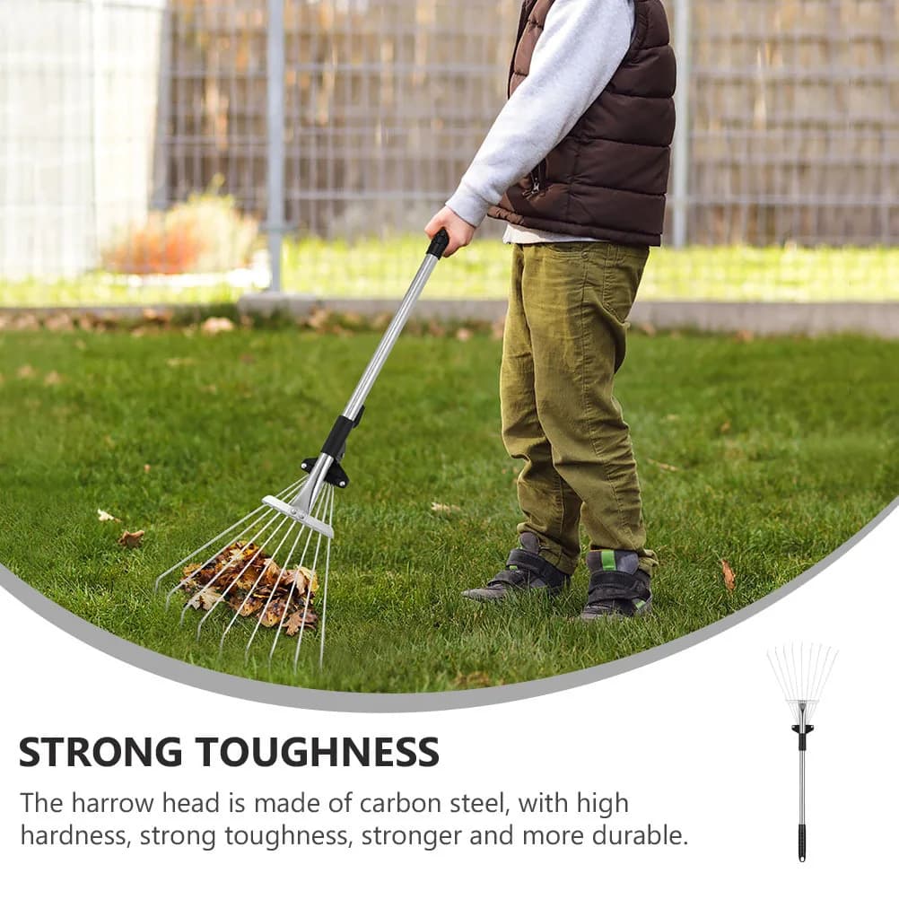 Duty Metal Rake | Telescopic Adjustable Anti-Slip Handle | Professional Yard Cleaning Tool - Thumbnail 3