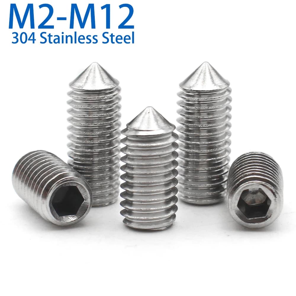 304 Stainless Steel Grub Screws | DIN914 Hex Socket Set Screws | M2-M12 Cone Point (10pcs) - Thumbnail 2