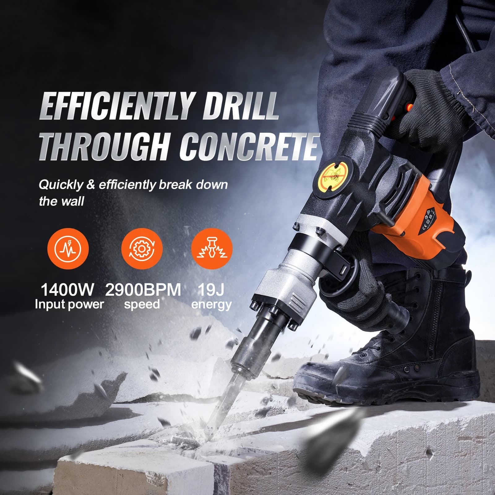 1400W Demolition Jackhammer | Heavy-Duty Concrete Breaker with 2 Chisel Bits - Thumbnail 6