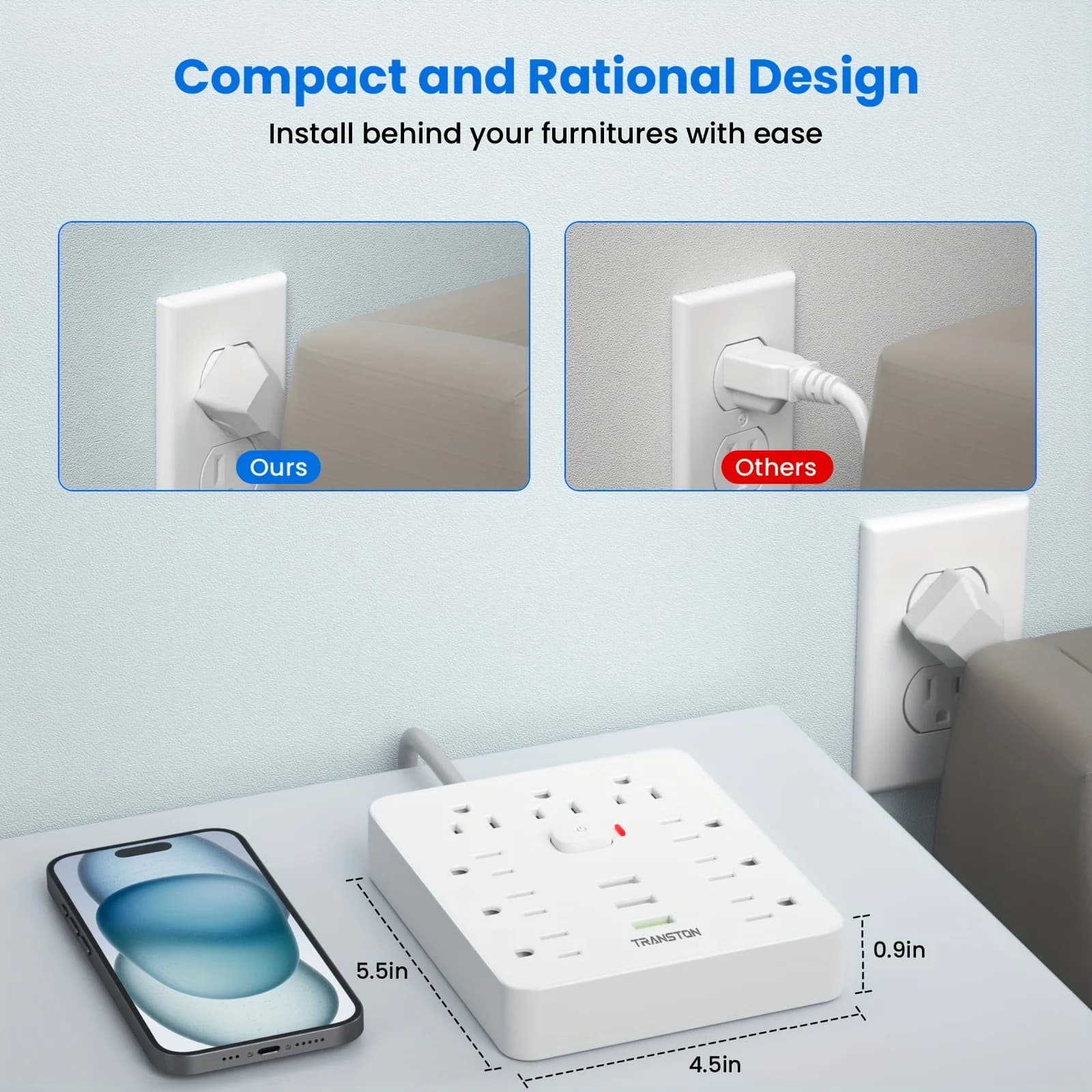 Surge-Protected Power Strip | 9 Outlets & 3 USB Ports | 5-Foot Extension Cord with Quick Charge - Thumbnail 2