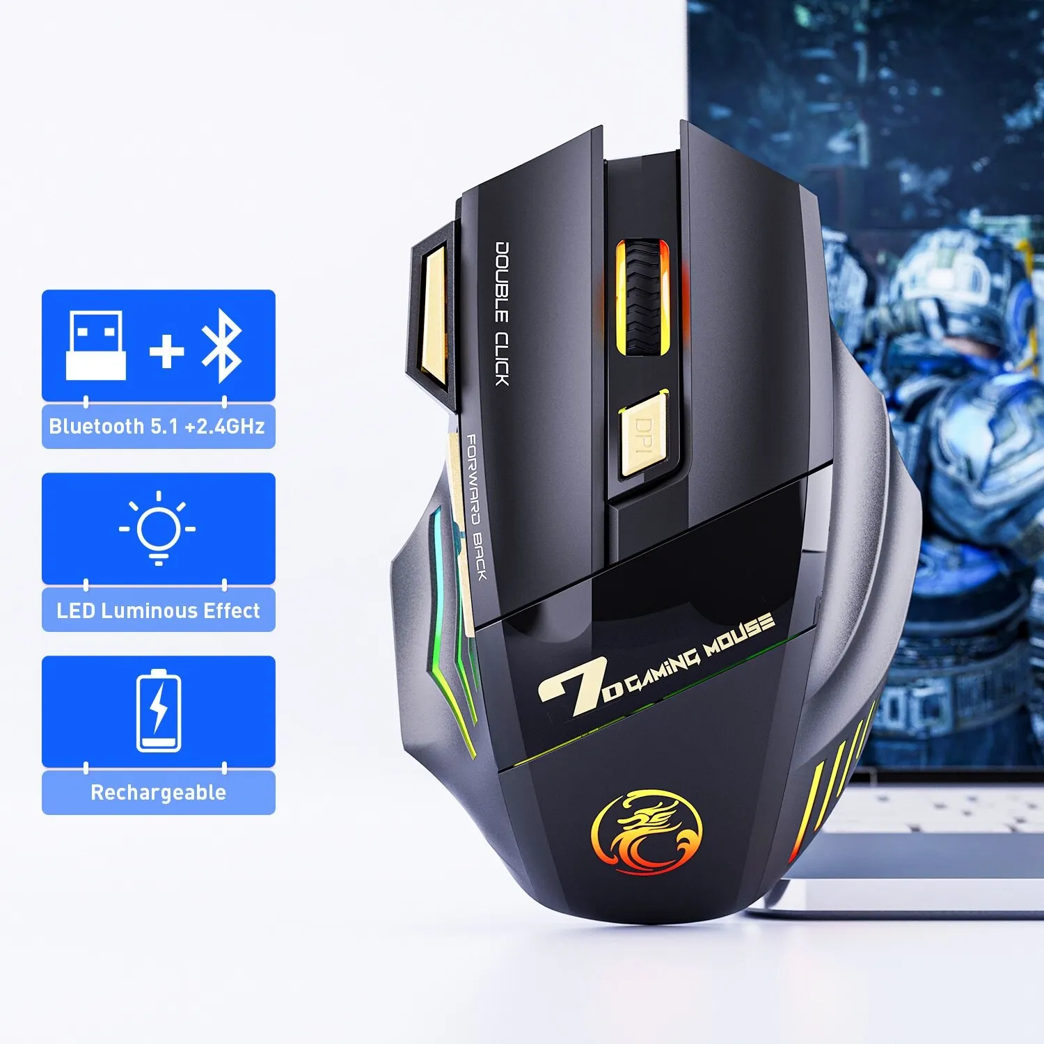 Wireless Gaming Mouse | 3200 DPI Precision | Dual-Mode Bluetooth & 2.4GHz | Silent Clicks - Thumbnail 2