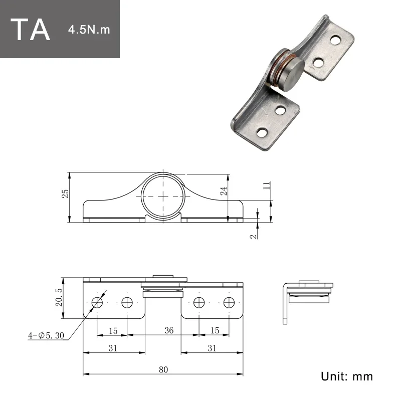 Equipment Damping Hinge | 304 Stainless Steel | Non-Adjustable Torque & Stop Mechanism - Thumbnail 5