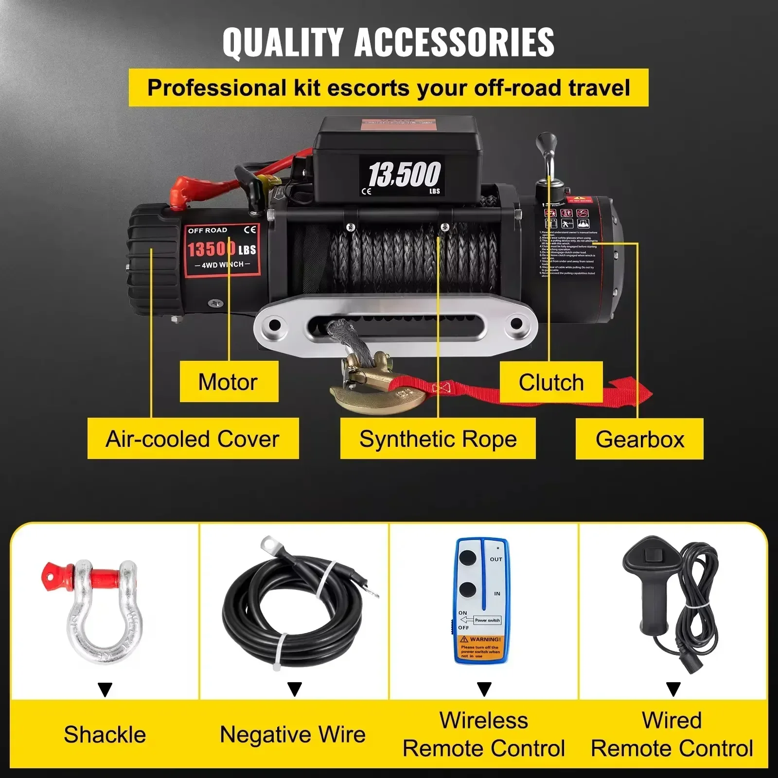 12V Electric Winch | 13500 lb Capacity | Synthetic Rope | 4x4, Truck & Off-Road Recovery - Thumbnail 5