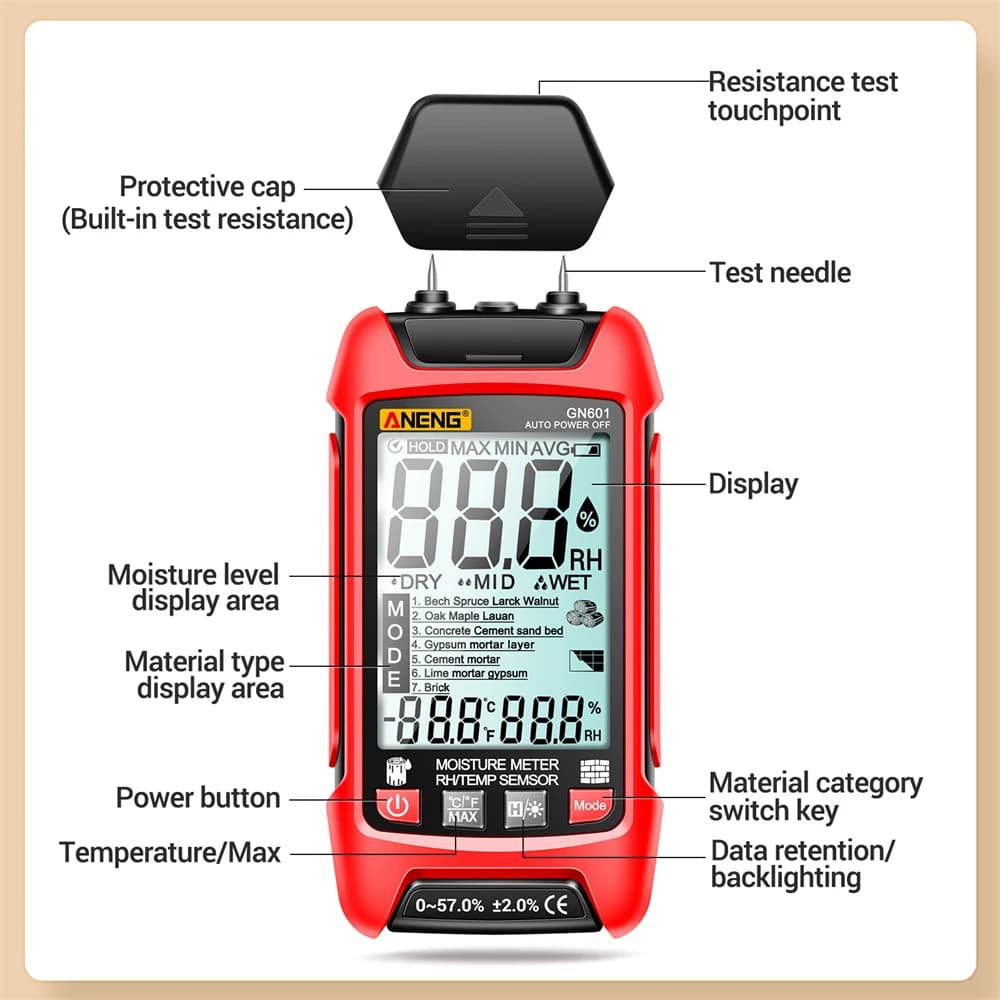 Wood Moisture Meter: 0-99.9% RH Range, Temperature & Humidity Probe Tester - Thumbnail 2