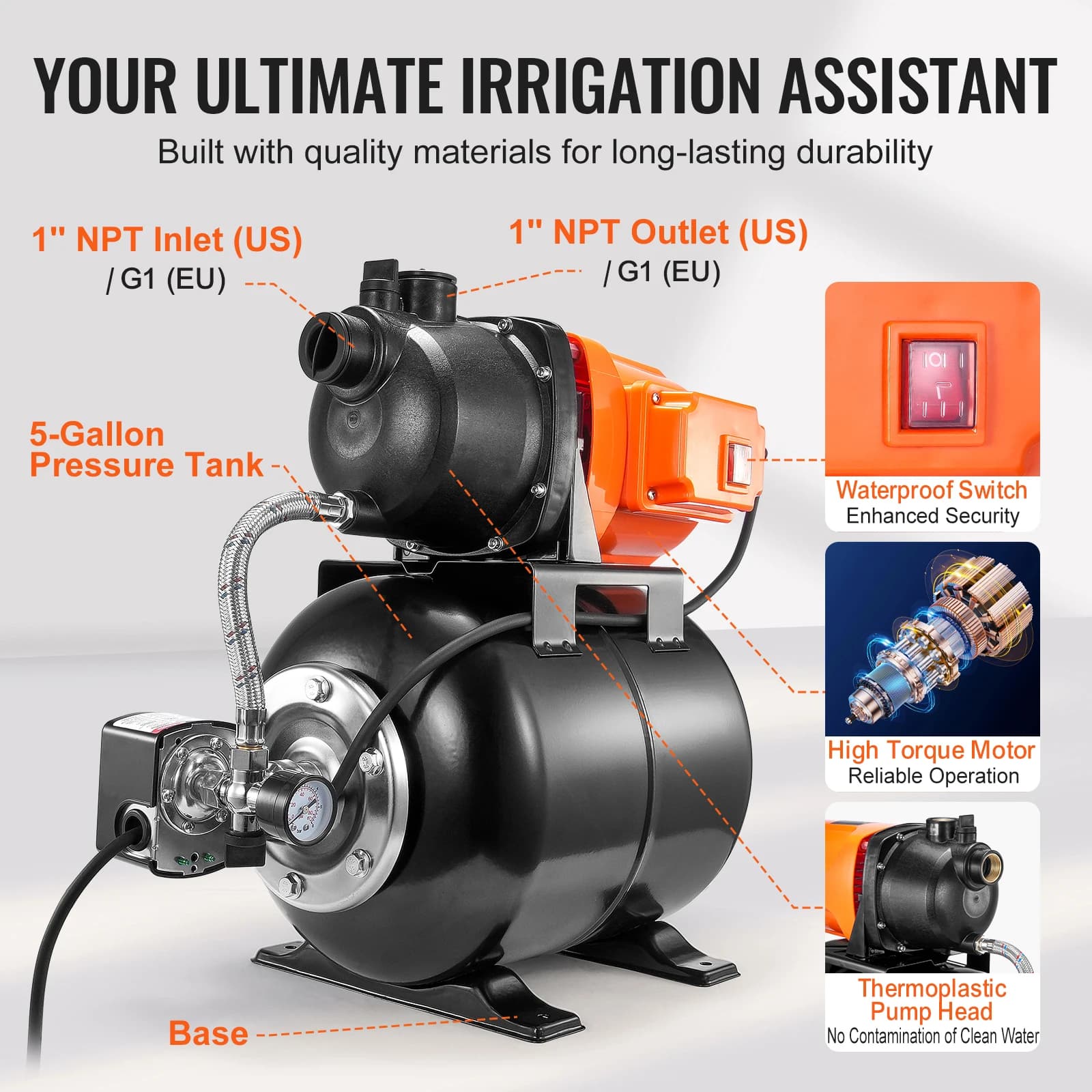 Heavy-Duty 1 HP Well Pump | 1000 GPH with 5 Gal Pressure Tank | Automatic Home Water Booster - Thumbnail 6