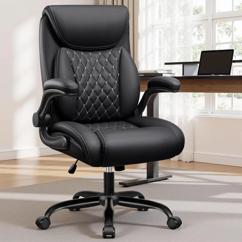 Ergonomic Office Chair | Lumbar Support for Back Pain Relief | Leather Chair with Flip-up Arms - Thumbnail 2