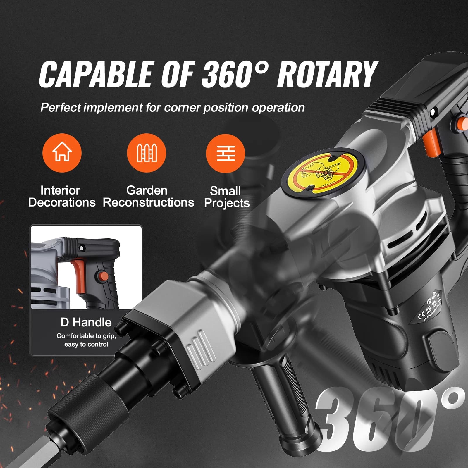 SucceBuy Electric Heavy Demolition Jack Hammer 1400W 2pcs Chisels Bits Chipping with Case 2900 BPM Concrete Breaker Gloves Black - Thumbnail 5