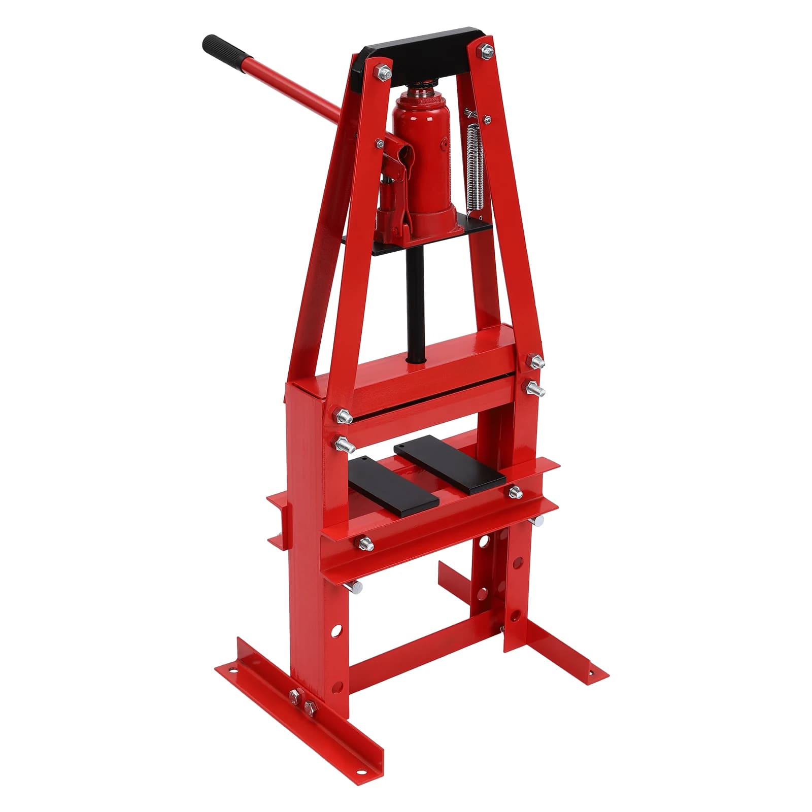 6T Hydraulic Shop Press with steel plates, shown bending a metal bar. Manual hydraulic press for straightening, punching, and metal fabrication.