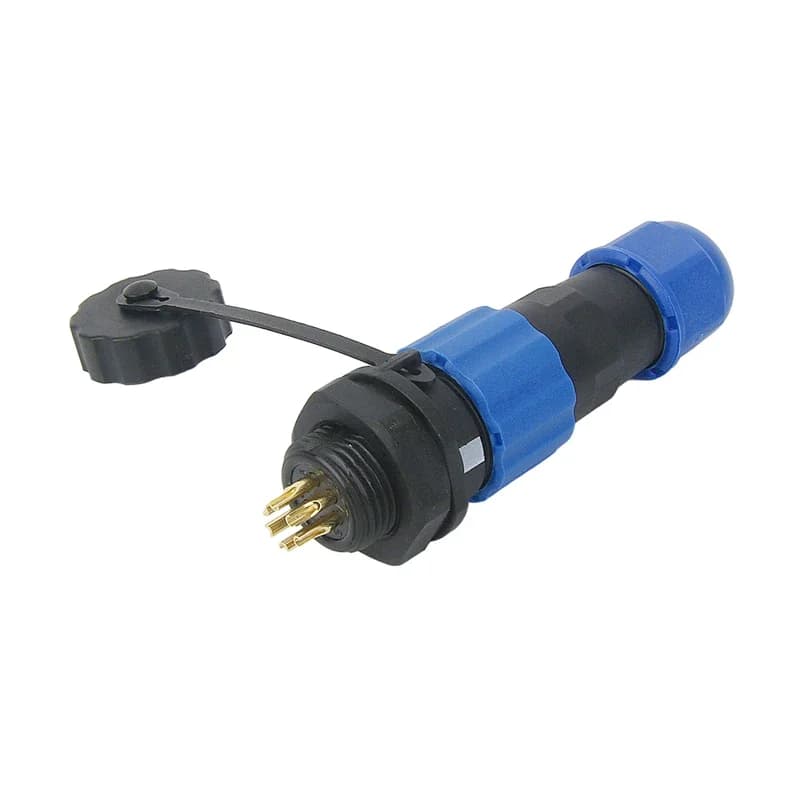 SP13 IP68 waterproof connector set with male plug and female socket, featuring 1 to 9 pin options for panel mount wiring.