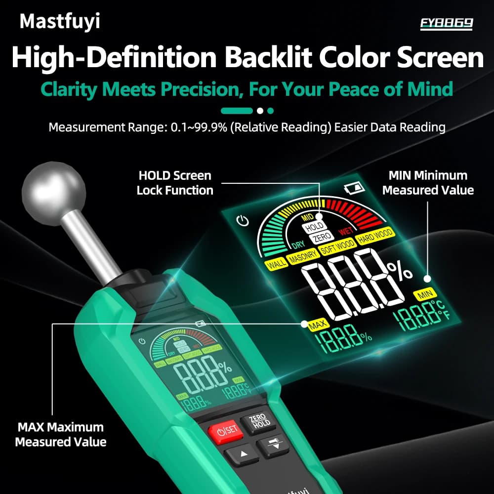 Moisture Meter: 0.1-99.9% Range, HD Color Screen, Dual Alarm for Wood & Cement - Thumbnail 4