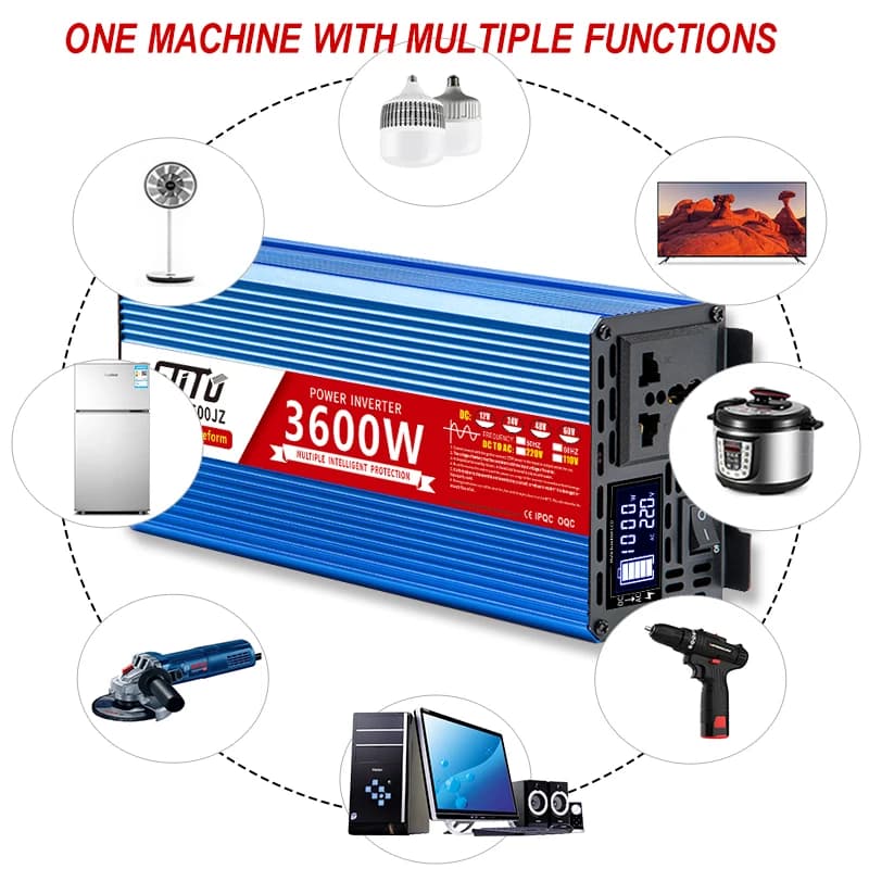 Pure Sine Wave Power Inverter | 1600W-3000W | 12V-60V DC to 110V-240V AC | LCD Display - Thumbnail 2