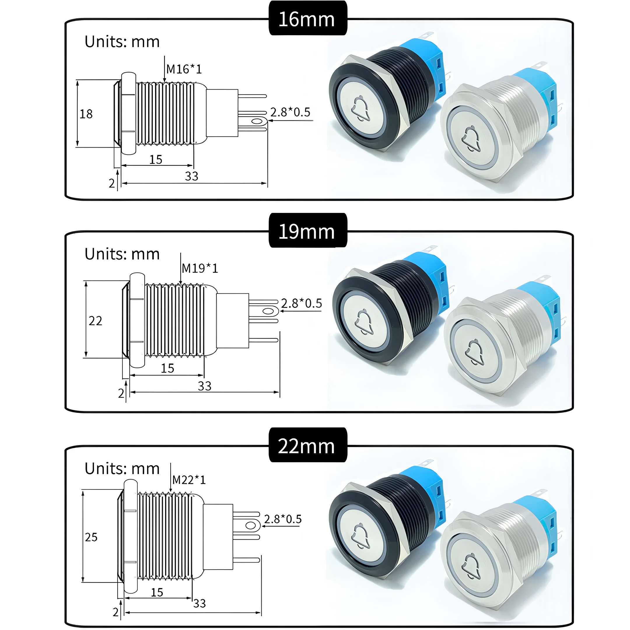 16/19/22mm Custom Metal Push Button Switch with Wire Laser Luminous Waterproof Latching Momentary 12V 220V 5V Motorcycle Switch - Thumbnail 4