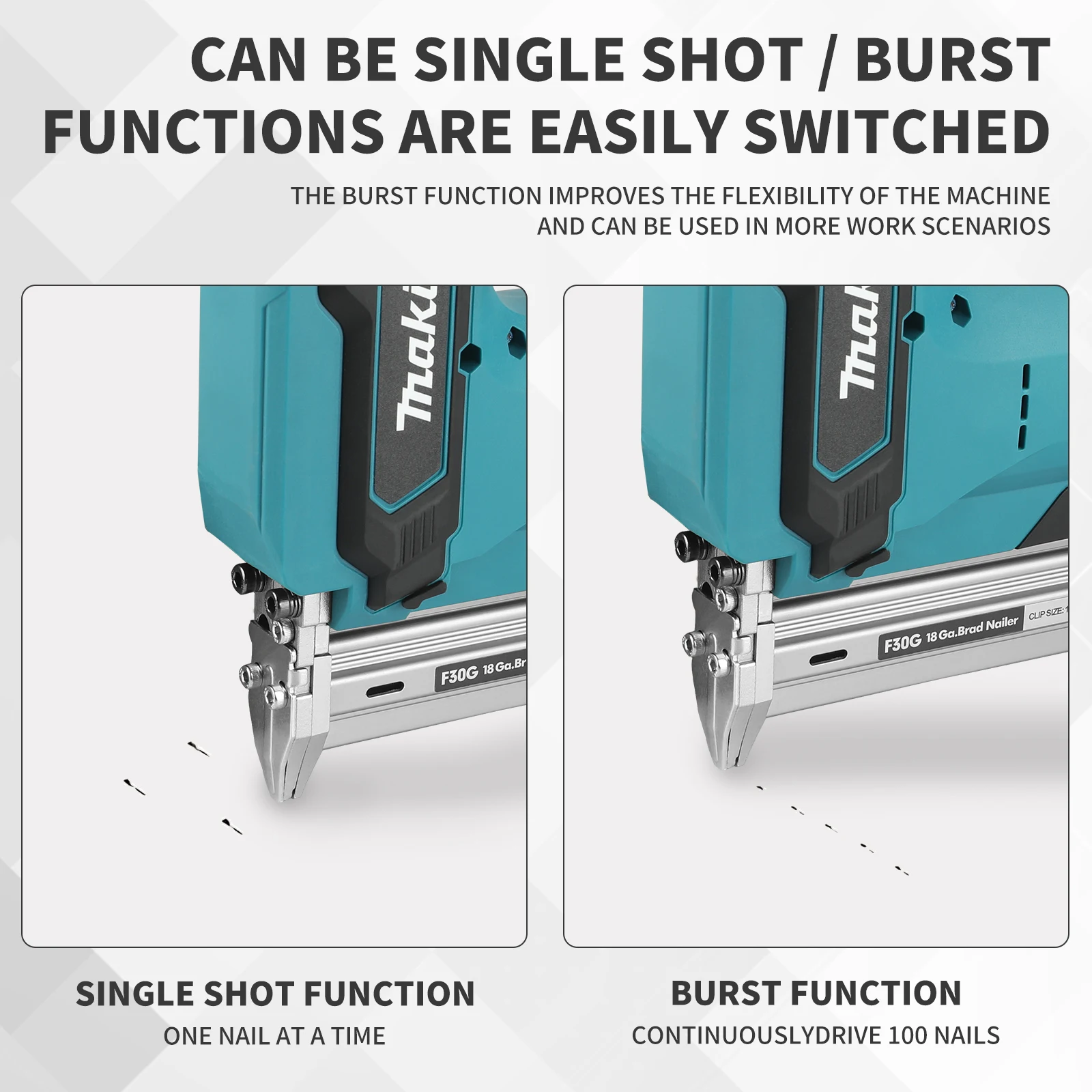 Makita Cordless Brad Nailer | 10-30mm Nails, 100-Capacity Magazine | High-Speed, Low-Noise Woodworking Tool - Thumbnail 6