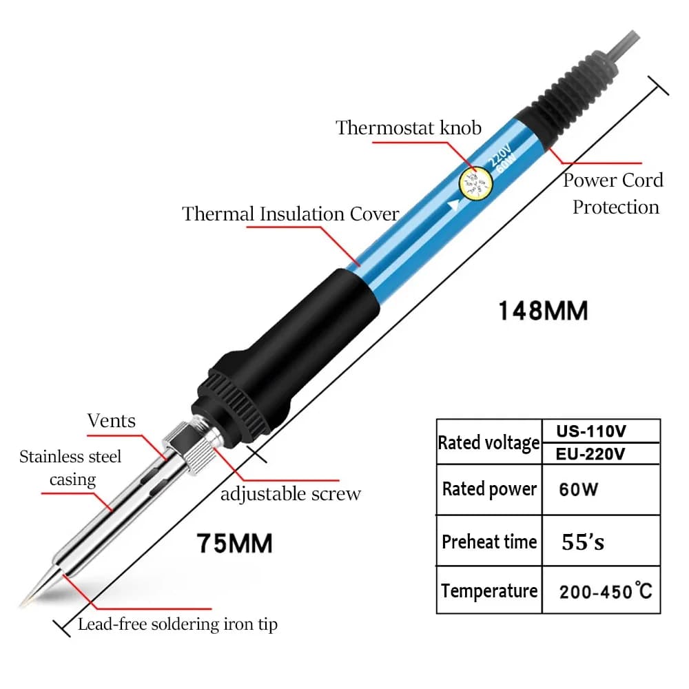60W Adjustable Soldering Iron | Precision Temperature Control | 110V/220V Dual Voltage - Thumbnail 5