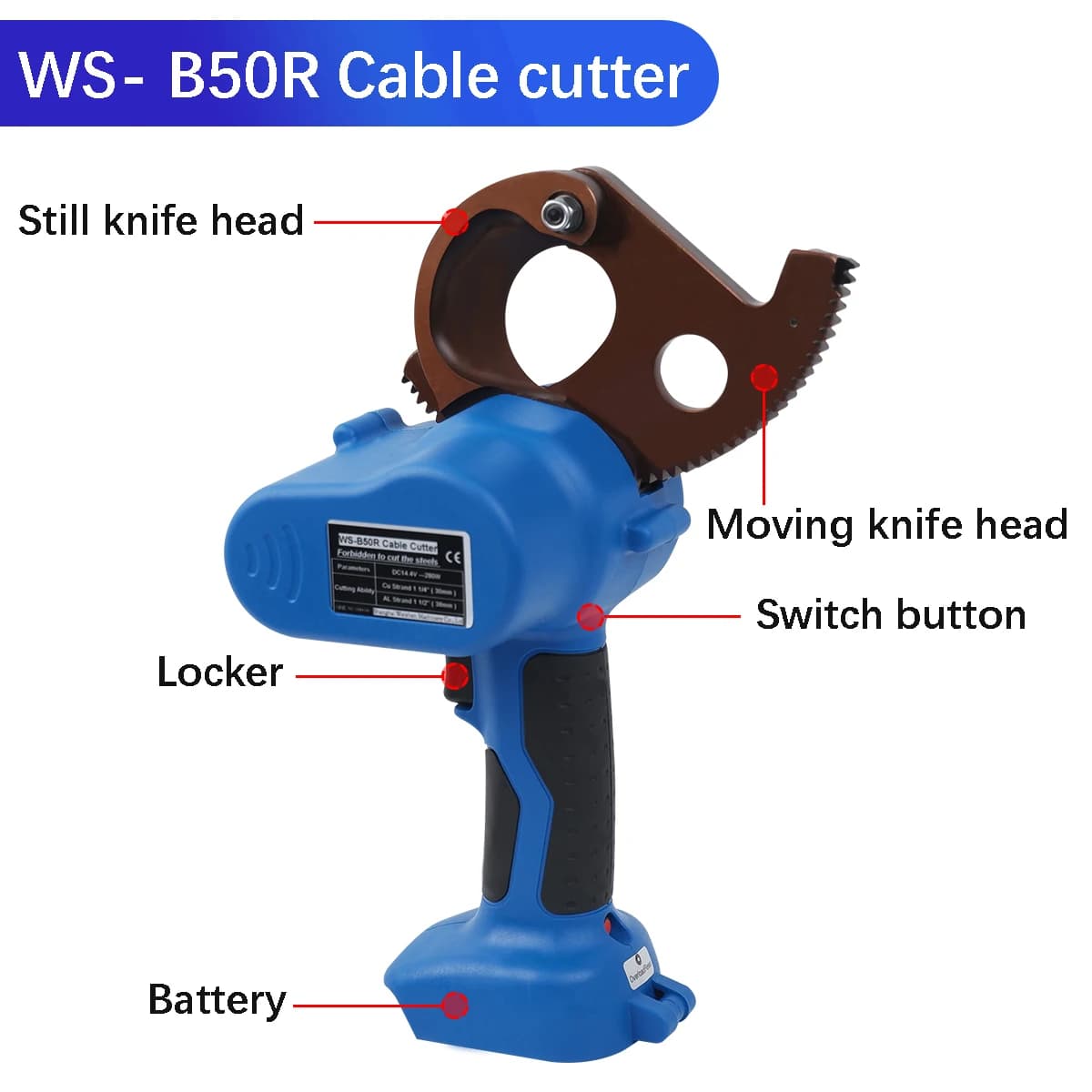 Heavy-Duty Cable Cutter | 50mm Max Shear Capacity | Portable Electric Tool - Thumbnail 3