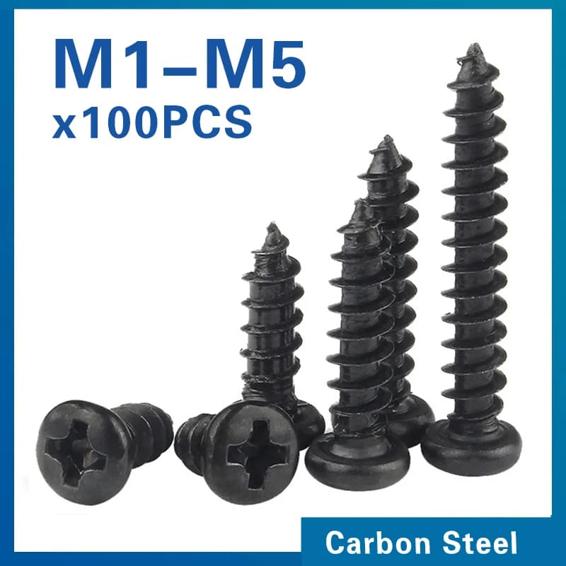 Self-Tapping Screws Assortment | 100pcs Black Carbon Steel | M1-M5 Phillips Round Head - Thumbnail 2