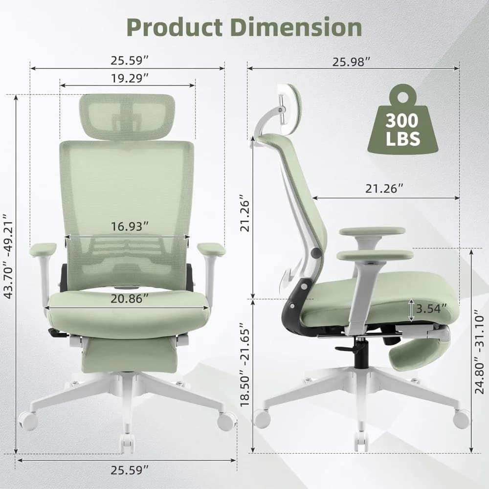 Office Chair with Footrest | Adjustable Lumbar Support & Headrest | Green Home Office Chair - Thumbnail 3