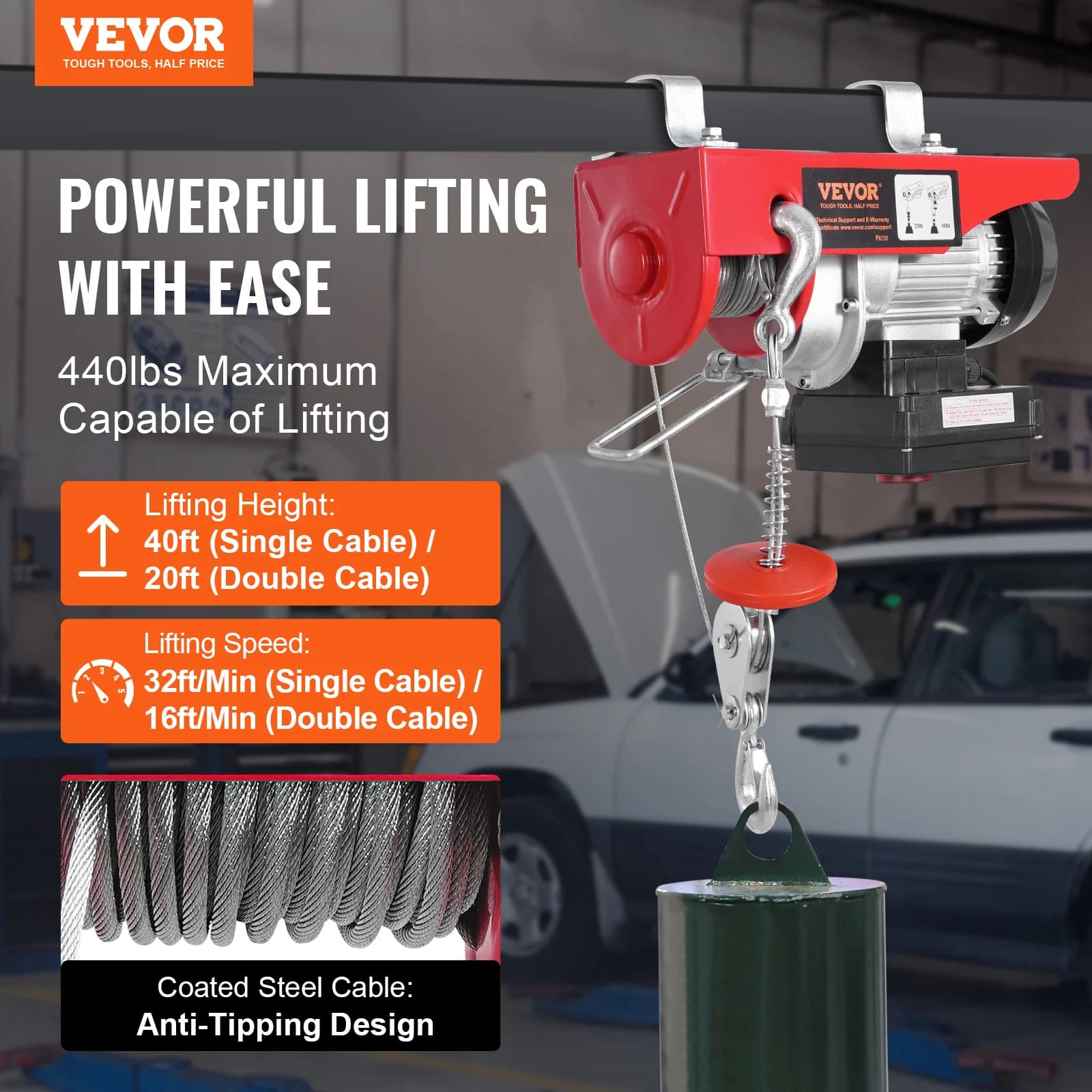 440 lb Wireless Electric Hoist | 40 ft Lift Height | Garage & Warehouse Lifting Solution - Thumbnail 2