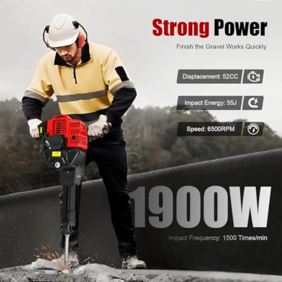 52cc Gas-Powered Demolition Hammer | Heavy-Duty Concrete Breaker & Jackhammer - Thumbnail 3