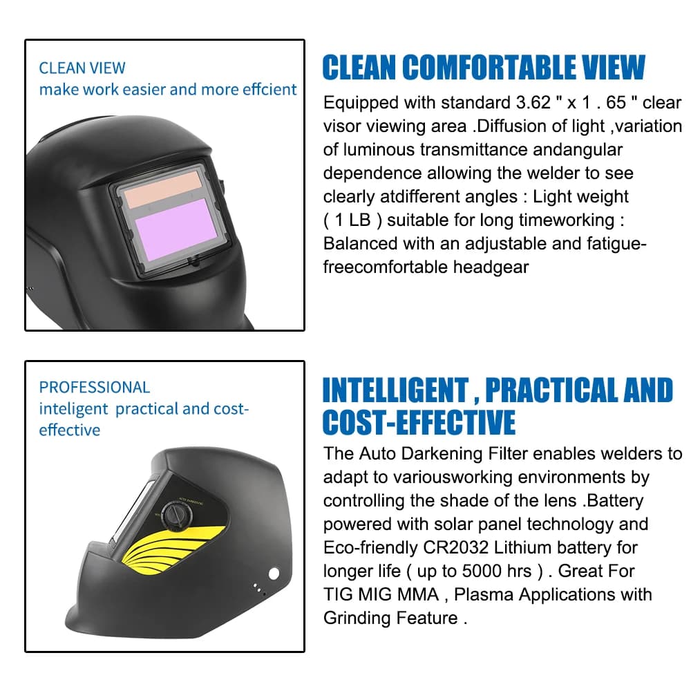 Auto-Darkening Welding Helmet | True-Color Large View Lens | Solar-Powered for Arc Weld & Grind - Thumbnail 5