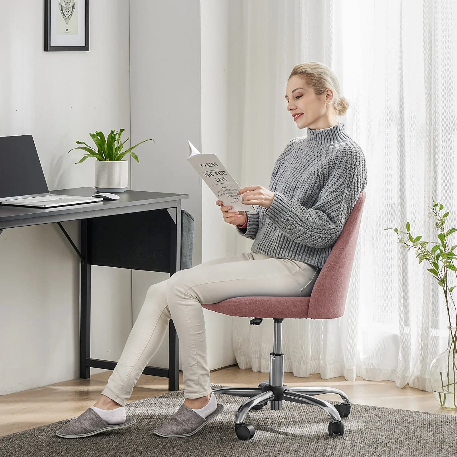 Armless Desk Chair | Modern Fabric Swivel | Cute Vanity & Home Gaming Task Chair - Thumbnail 6
