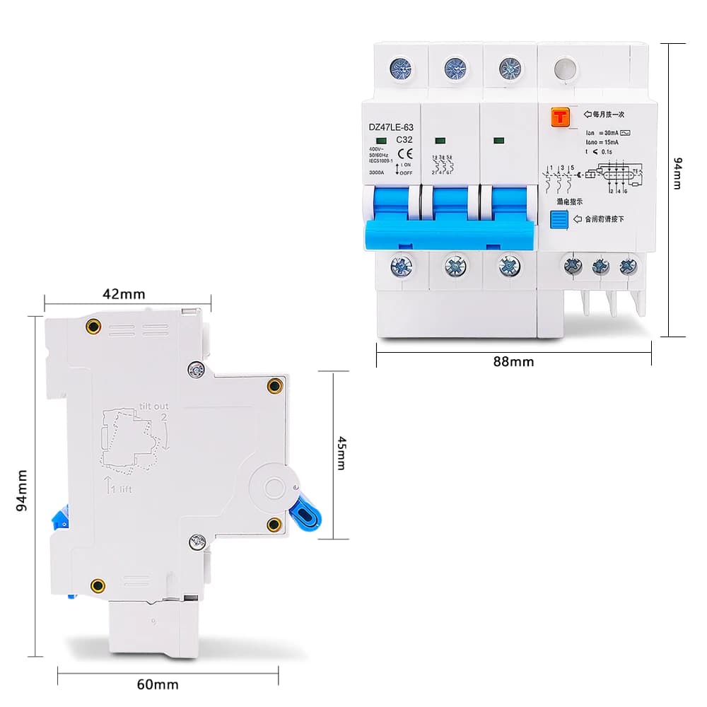 3-Phase Circuit Breaker | DZ47LE-63 | 16-63A 400V | Overload & Residual Current Protection - Thumbnail 5