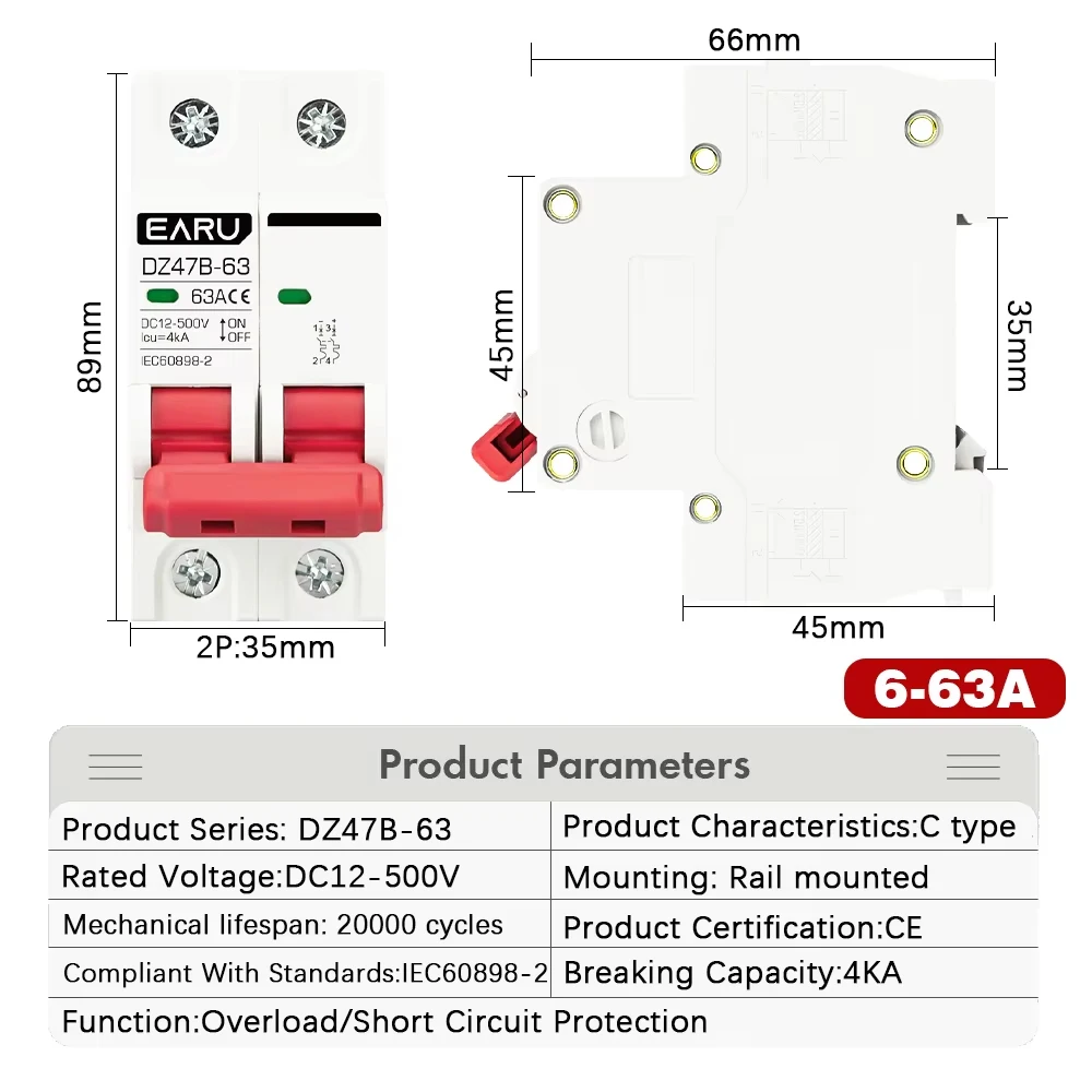 DC Circuit Breaker | 12V-48V Dual-Pole Protection | DZ47 Automotive & Battery Isolator - Thumbnail 2
