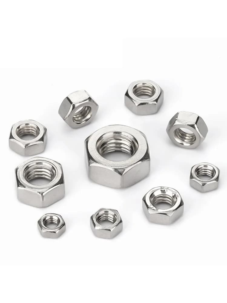 Assortment of stainless steel hex nuts in sizes M1 through M12, including DIN934 standard nuts in 304 or 316 grade.