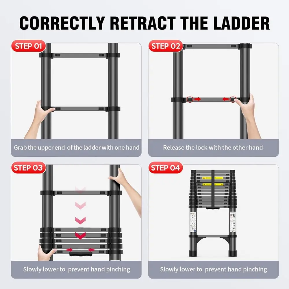 Telescoping Ladder | 330lb Heavy-Duty Aluminum | Anti-Slip Steps for Secure Roof & Attic Access - Thumbnail 3
