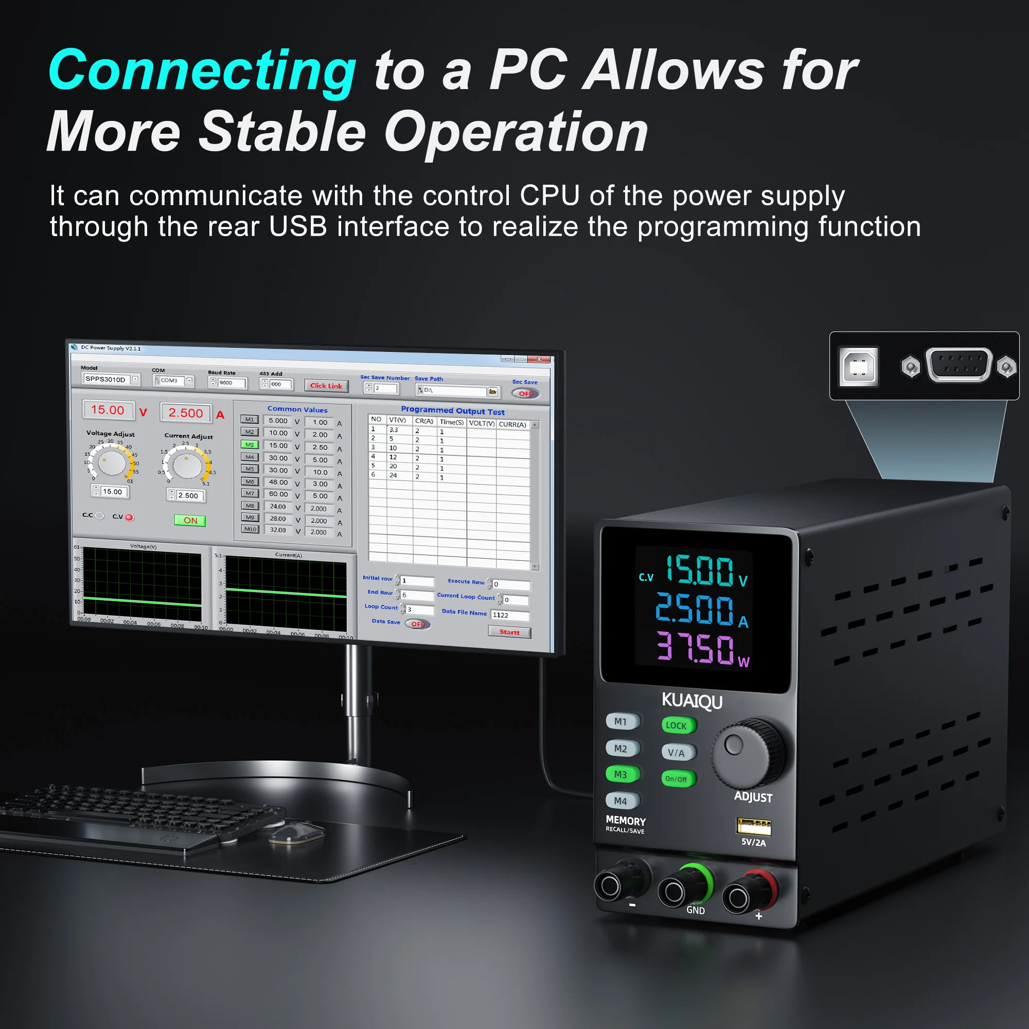Adjustable DC Power Supply | 30V/5A & 200V/1A Output | Bench Lab Grade with PC Control - Thumbnail 3