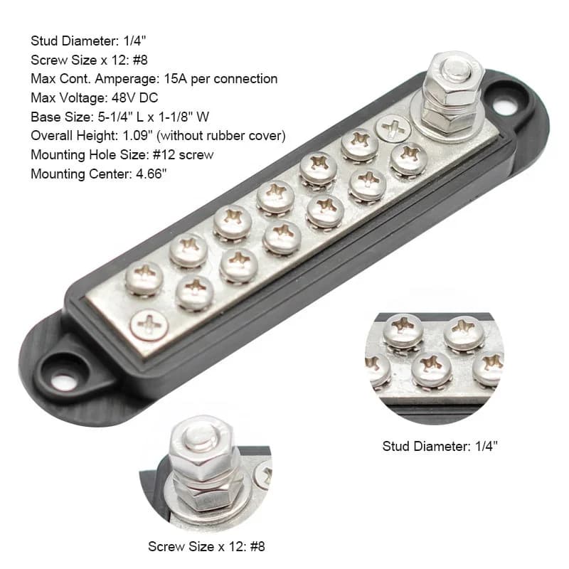 12V Power Distribution Block | 250A Bus Bar with 12-Terminal Design - Thumbnail 3