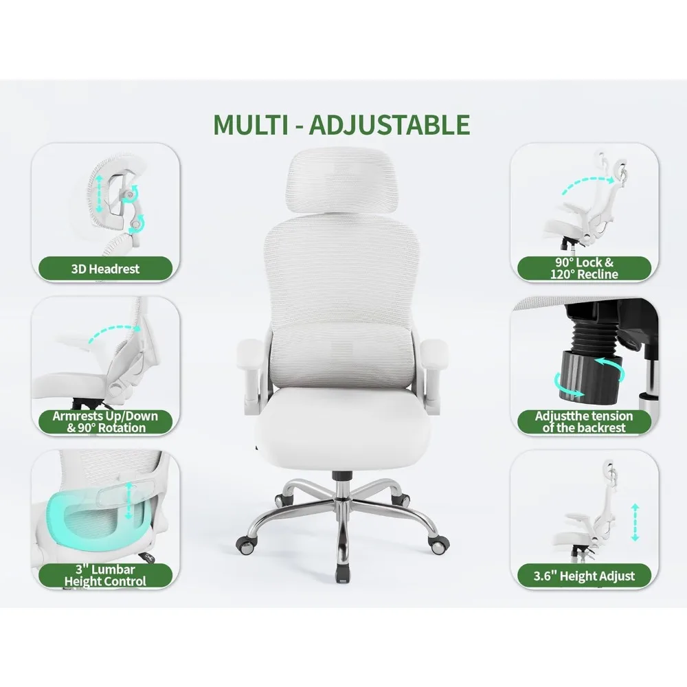 High-Back Ergonomic Office Chair | 400lb Weight Capacity & Adjustable Lumbar Support | White Mesh Computer Chair - Thumbnail 6