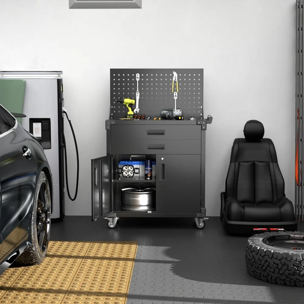 Tool Cart with Pegboard | 2-Drawer Garage Cabinet on Wheels | Utility Service Cart - Thumbnail 2