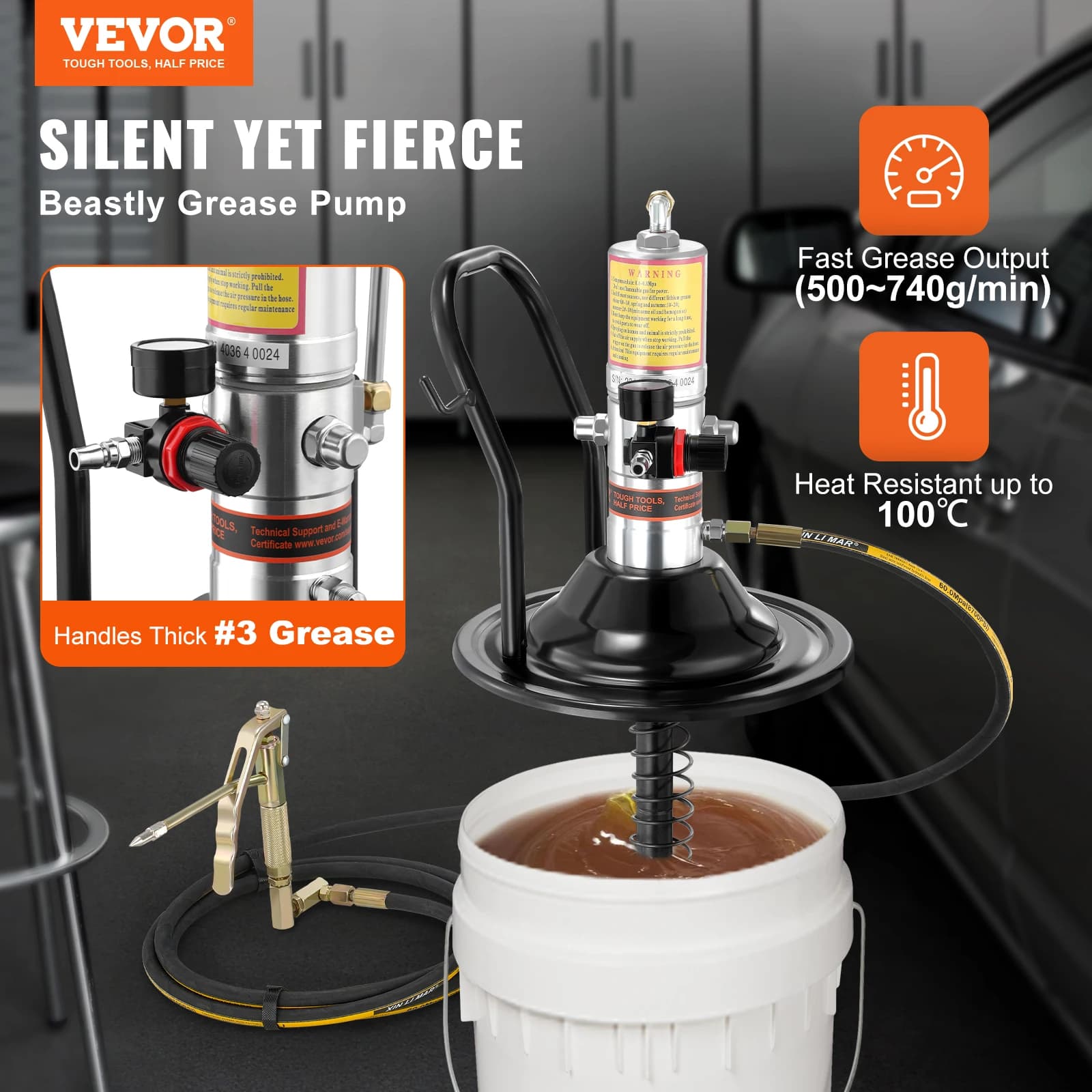 Air-Powered Grease Gun | 50:1 Pressure Ratio | 13ft High-Pressure Hose | 360° Swivel Head for Automotive & Industrial Use - Thumbnail 2