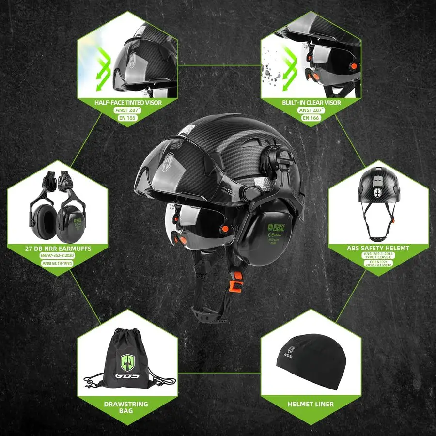 Z89.1 Hard Hat | Vented with Visor & Ear Muffs | Industrial Construction Safety Helmet - Thumbnail 4