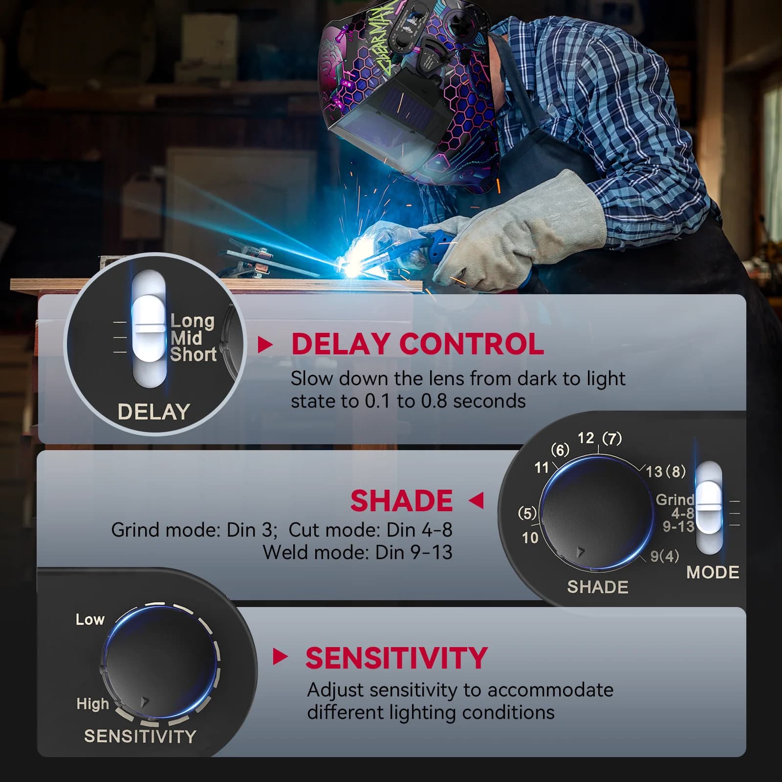 Auto-Darkening Welding Helmet | True-Color Large View Lens | Solar-Powered Flip-Up Design - Thumbnail 6