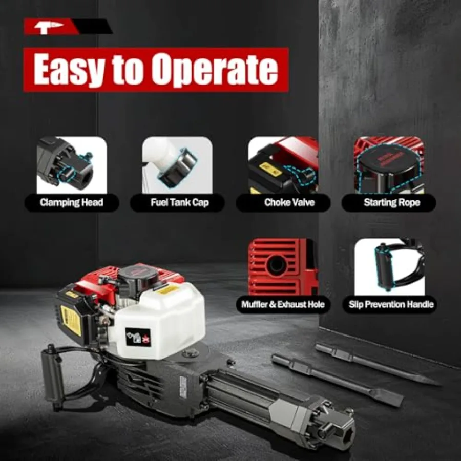 55J Gas-Powered Demolition Hammer | 52cc 2-Stroke Concrete Breaker with Chisels - Thumbnail 4