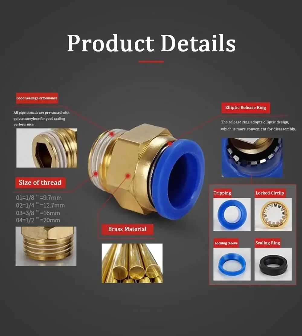 Pneumatic Fittings Kit | 10-Piece Set | 4mm-12mm & 1/8 Thread | Durable Air Connectors - Thumbnail 4