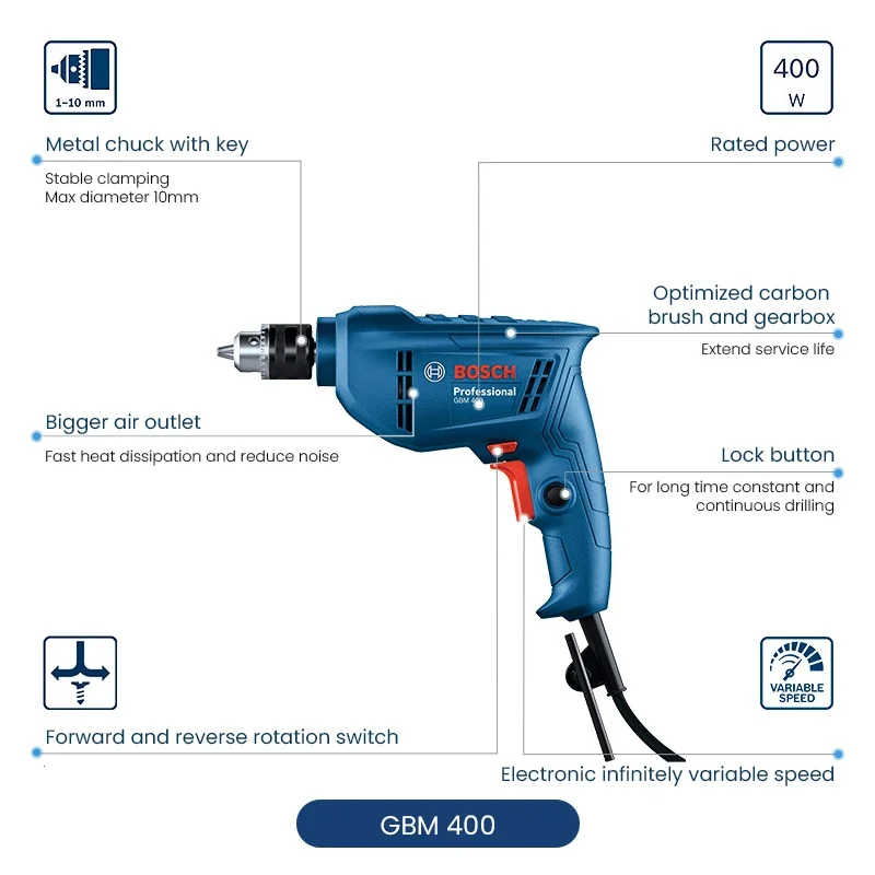 Bosch GBM 400 Rotary Impact Drill | 400W Adjustable Speed | For Wood & Metal Drilling - Thumbnail 4